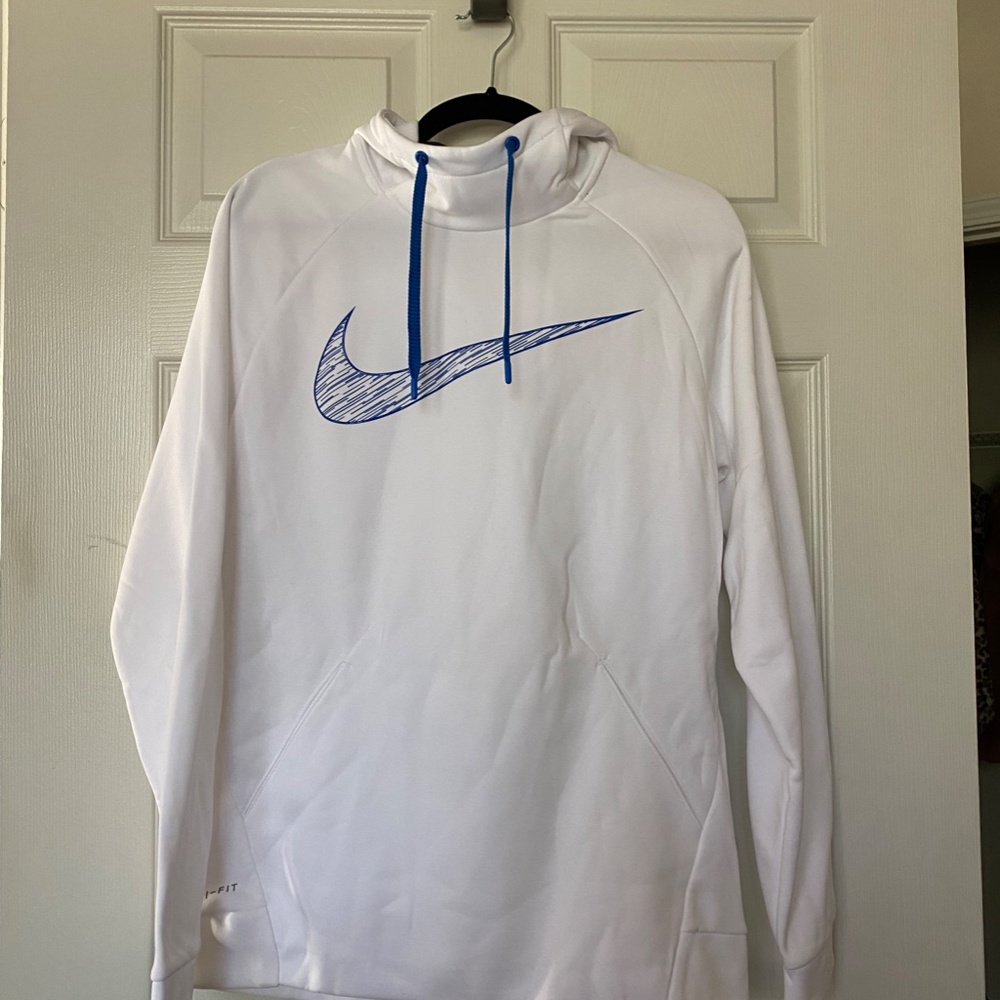 Nike Women's White Hoodie with Blue Swoosh, Small